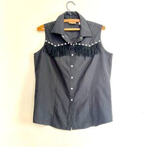 Wrangler Retro Women's Black Sleeveless  Collar Snap Tank Top Fringe Shirt